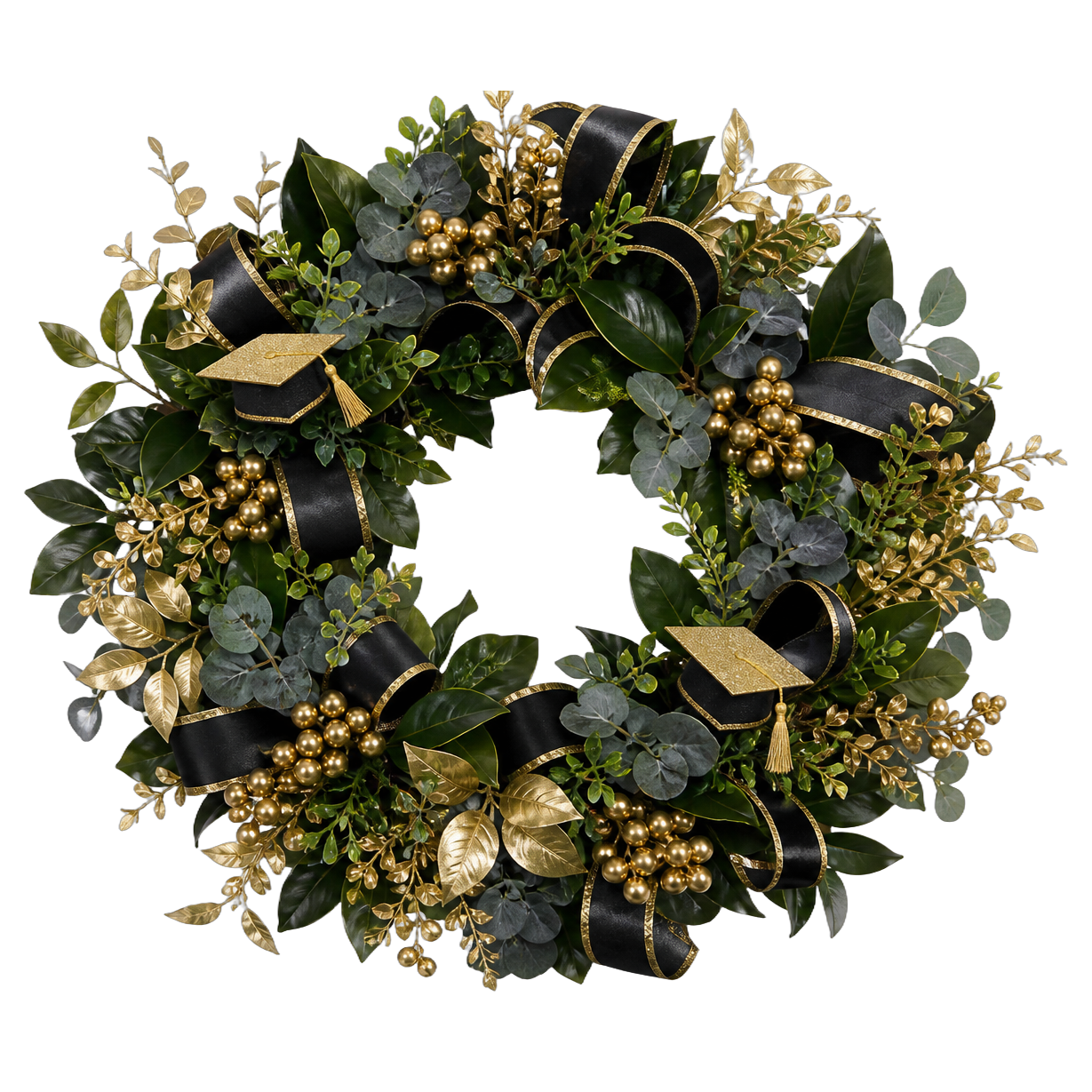 Black and Gold Grad — true transparent PNG product photo (UV faux wreath rental)