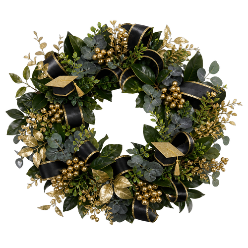 Black and Gold Grad — true transparent PNG product photo (UV faux wreath rental)