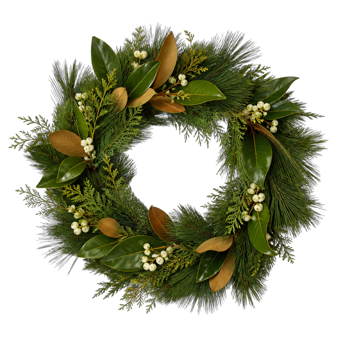 Pine Magnolia Noel — true transparent PNG product photo (UV faux wreath rental)