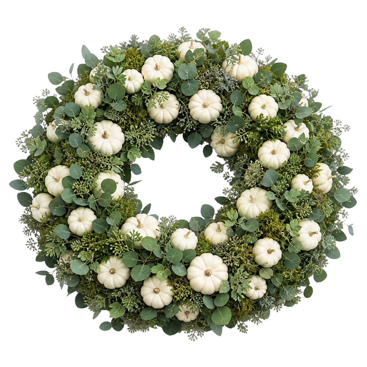 White Pumpkin Dusk — full lush true transparent PNG product photo (UV faux wreath rental)