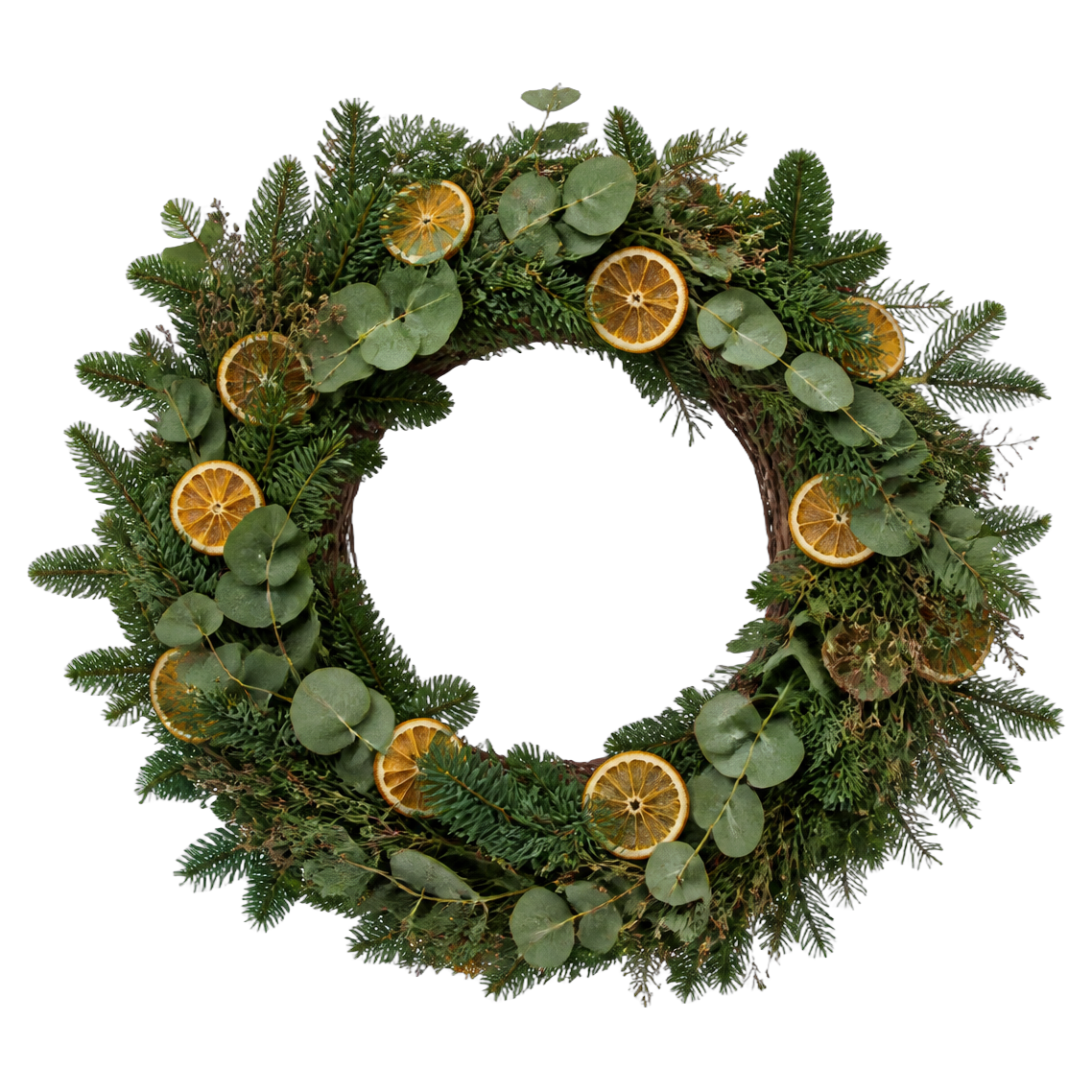 Winter Citrus Evergreen — true transparent PNG product photo (UV faux wreath rental)